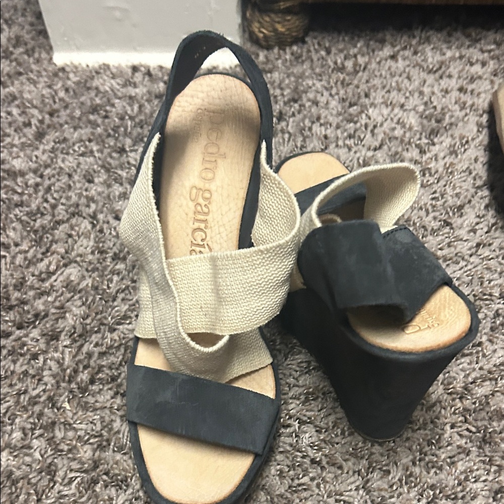 Pedro Garcia Black and Cream Wedge Sandals